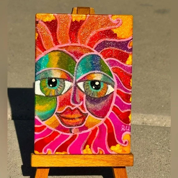ACEO miniature, painting and magnet. Handmade whimsical sun with mini easel - Picture 2 of 3